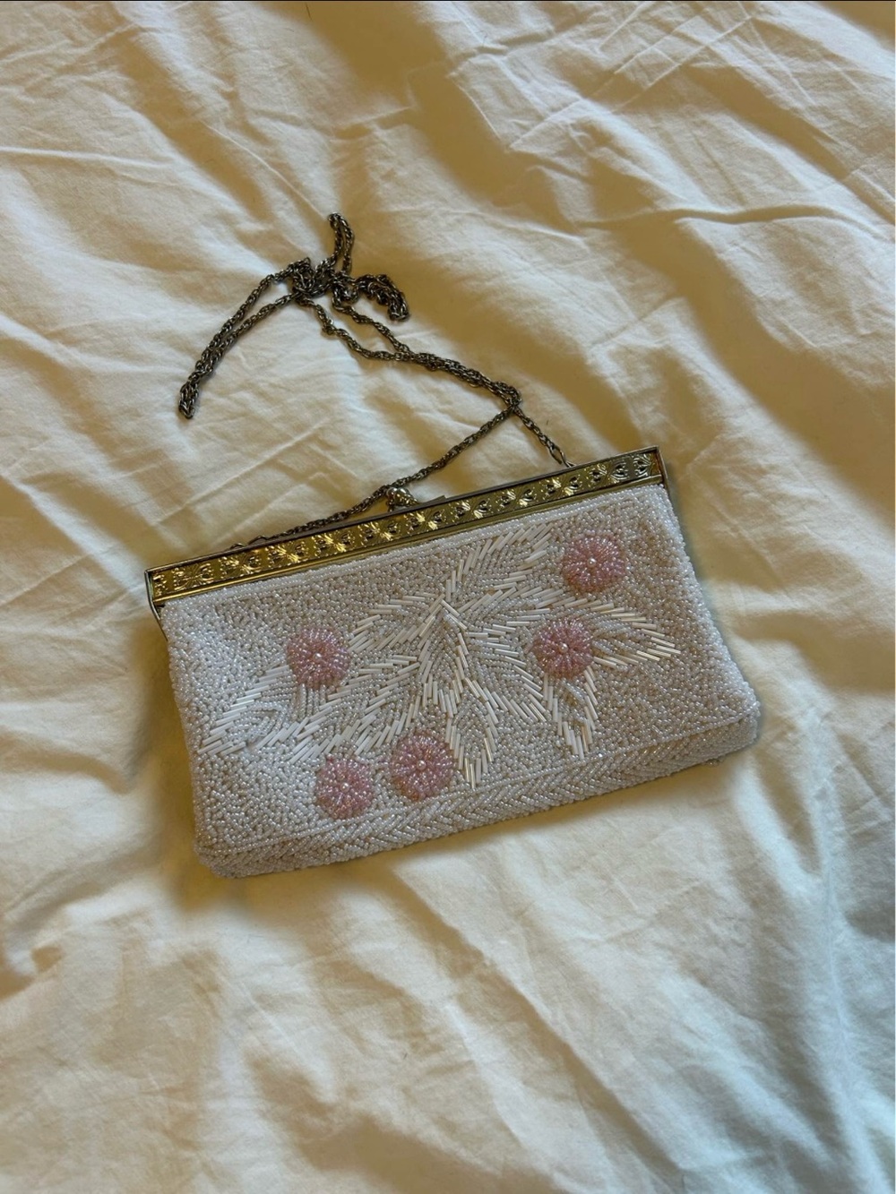RESERVED FOR ANGELA - Beaded White Evening Clutch with Pink Accents - Picture 2 of 4